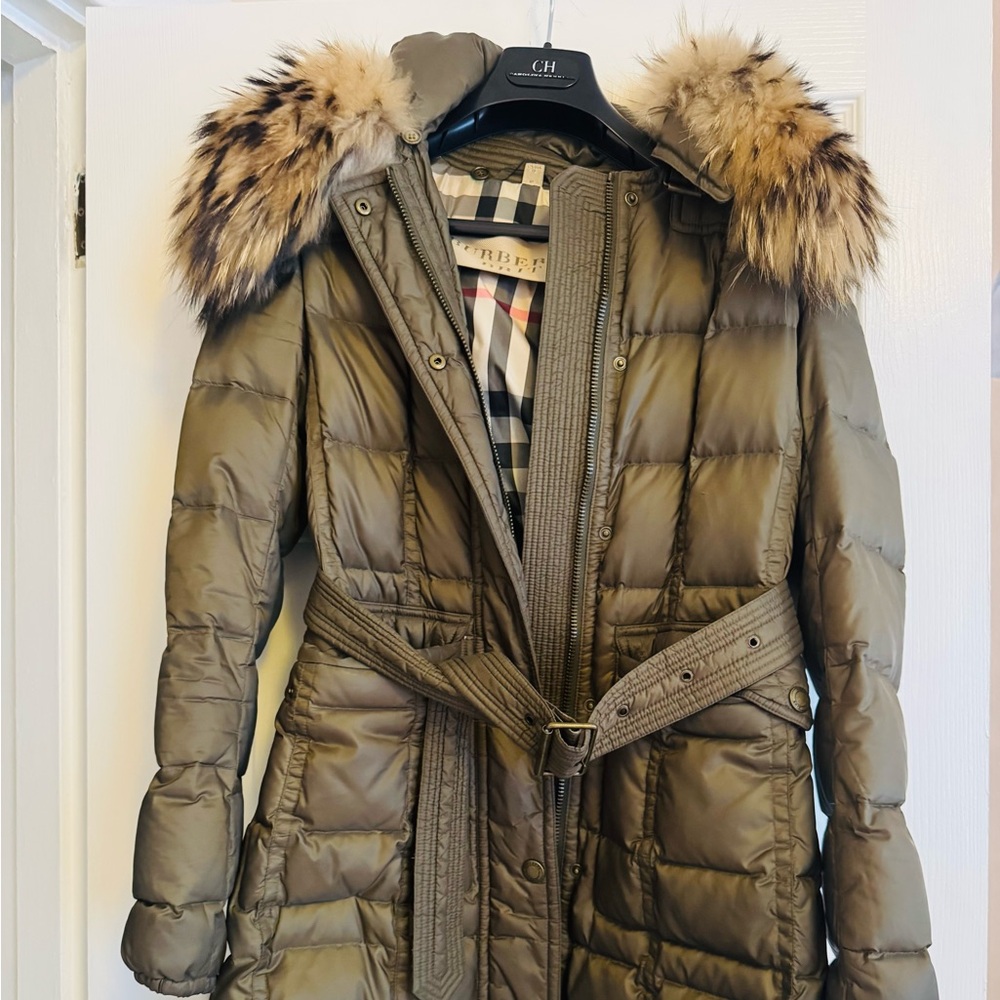Burberry Khaki Puffer Coat with Fur Hood